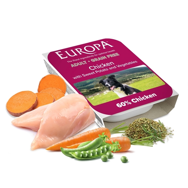 Picture of TEMPORARILY OUT OF STOCK  Europa Grain Free Chicken, Sweet Potato & Vegetables 395g Tray
